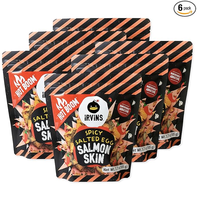 IRVINS Hot Boom Spicy Salted Egg Salmon Skin Chips Crisps | Premium Hand Cooked | Halal | High Protein | Keto-Friendly | 3.7 oz (Pack of 6)