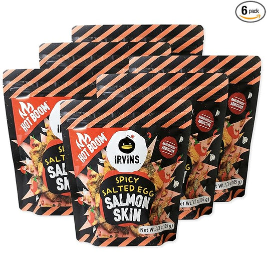 IRVINS Hot Boom Spicy Salted Egg Salmon Skin Chips Crisps | Premium Hand Cooked | Halal | High Protein | Keto-Friendly | 3.7 oz (Pack of 6)