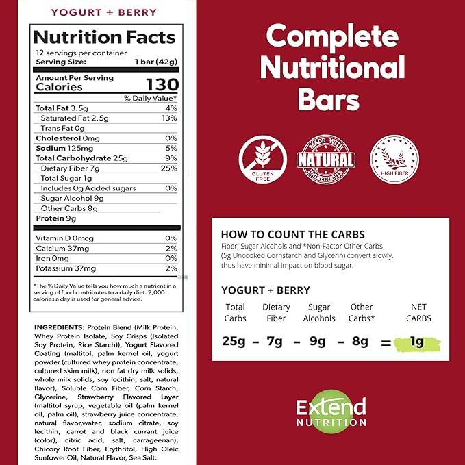 Extend Nutrition 1 Gram Sugar High Protein Bars, Perfect Diabetic Snacks for Adults and Kids, High Protein Bars for Hunger Control & Steady Energy, Low Carb, Keto Friendly, Yogurt and Berry, 12 Count