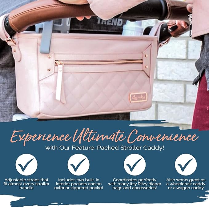 Itzy Ritzy Adjustable Stroller Caddy/Organizer - Stroller Organizer Bag Featuring Front Zippered Pocket, 2 Built-in Interior Pockets & Adjustable Straps to Fit Nearly Any Stroller (Blush)