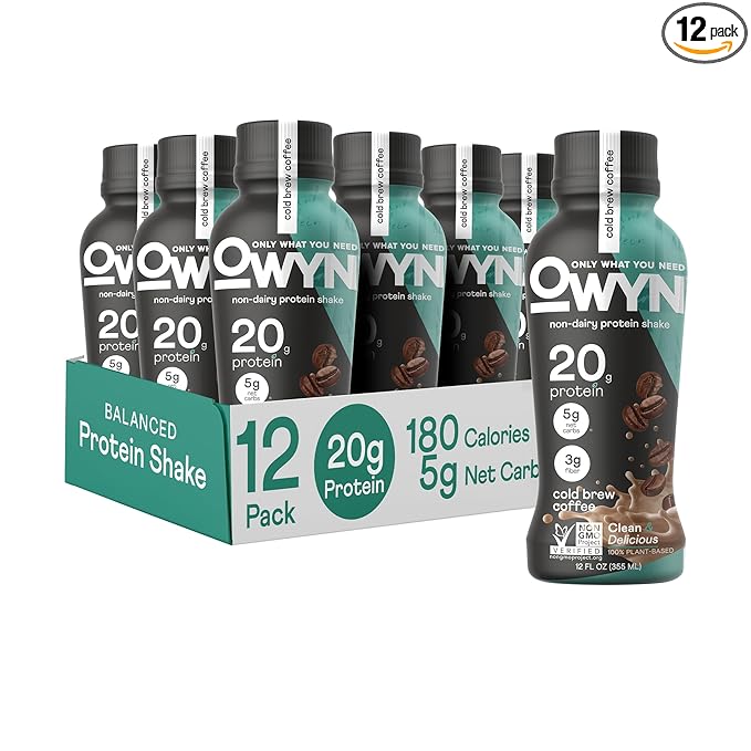 OWYN Only What You Need Vegan Plant-Based Protein Shake, Cold Brew Coffee, 12 Pack, with 20g Plant Protein, Omega-3, Prebiotic supplements, Superfoods Greens Blend, Gluten-Free, Soy-Free, Non-GMO