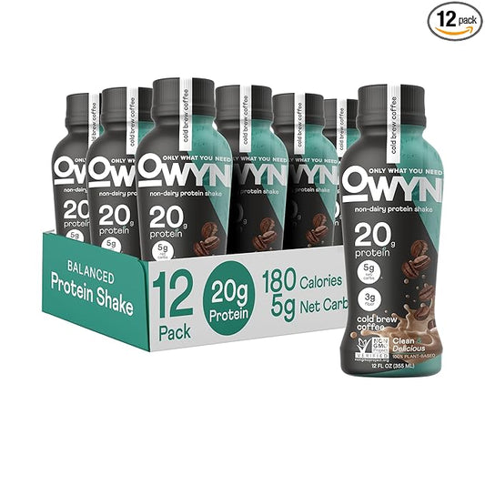 OWYN Only What You Need Vegan Plant-Based Protein Shake, Cold Brew Coffee, 12 Pack, with 20g Plant Protein, Omega-3, Prebiotic supplements, Superfoods Greens Blend, Gluten-Free, Soy-Free, Non-GMO