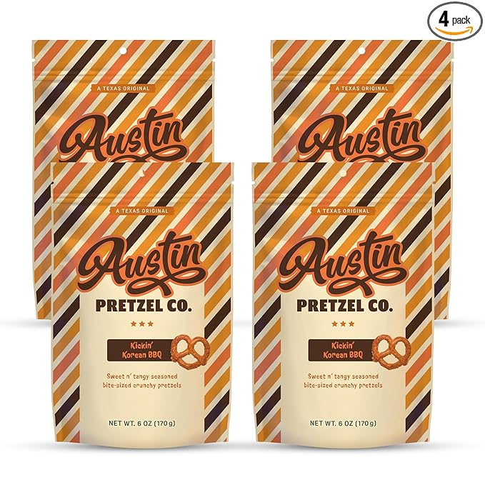 Kickin’ Korean BBQ Pretzels – 6 Oz Sweet n’ Tangy Bite-Sized Snacks with Bold Fermented Seasoning & Sweet Pepper Heat – Crunchy, Addictive, Perfect for Parties or Anytime Snacking (Pack of 4)