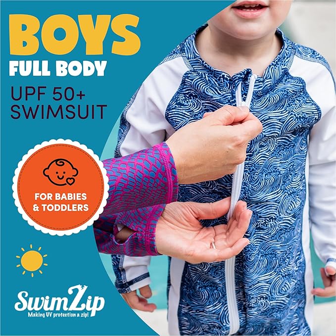 SwimZip Boys' Long-Sleeve UPF 50+ Swimsuit for Baby, Toddler, & Little Boys