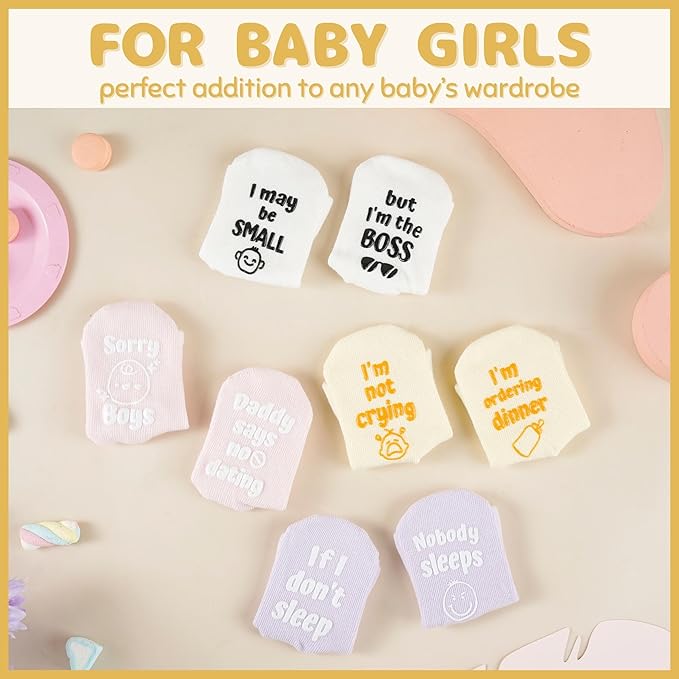 InnoBeta Baby Socks Set with Funny Quotes (4 Pairs) Newborn/Infant Socks for Baby Shower, Gender Reveal 3-12 Months