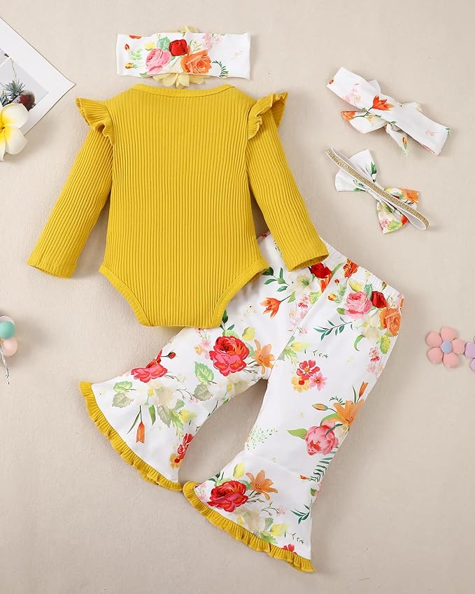 SUNNY PIGGY Newborn Baby Girl Clothes Infant Outfits Romper Floral Fall Outfit Bell Bottoms Pant Sets Hat Headband Flowerpant