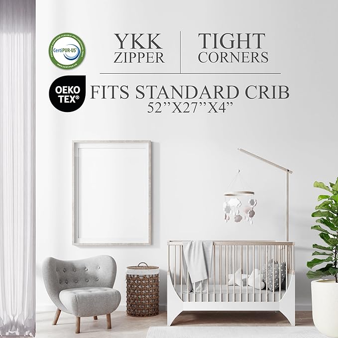 Organic Cotton 2-Sided Crib Mattress | Waterproof Washable Protector w/Ventilated Foam Lining | Light 2-in-1 Baby Mattress w/Firm Support for Infant & Soft CertiPUR Foam for Toddler | 52x27.5x4”