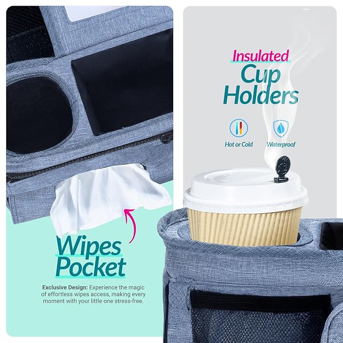 Swanoo Stroller Caddy Organizer With Cup Holder, Non-Slip Straps, Bag for Phone, Pet Accessories, Universal Fits Uppababby Vista v2 Wonderfold Wagon, Doona and More