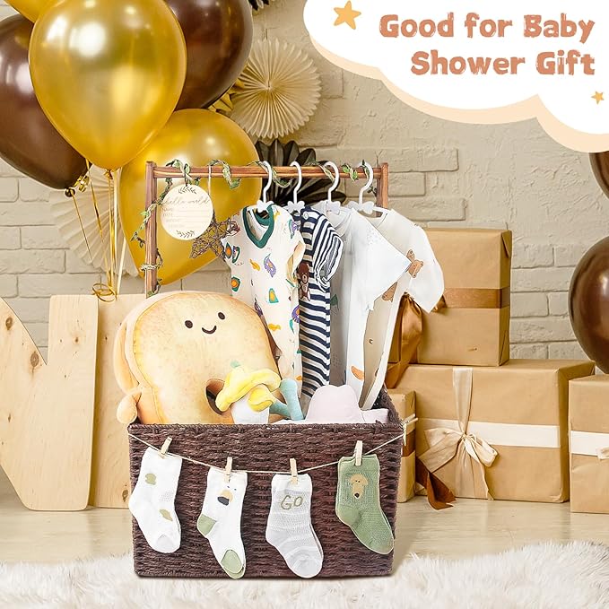 Wooden Baby Shower Crate Closet, Baby Storage Crate with Handle, Foldable Handwoven Storage Basket for Gifts, Welcome Gift Basket for Newborn Boys Girls, Pregnancy Gifts for New Parents