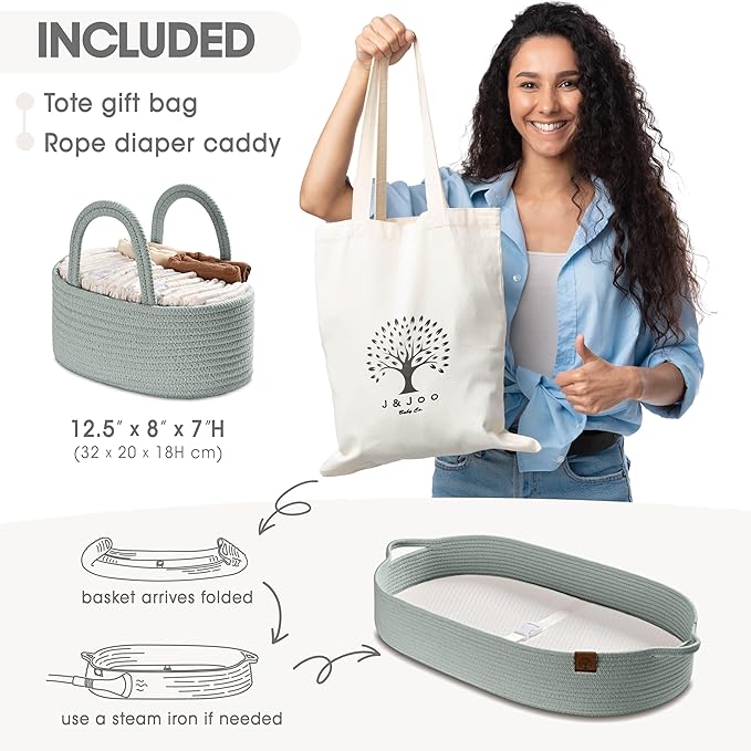 Baby Changing Basket Includes Diaper Caddy - Breathable & Waterproof Dual-Cover, Portable, Changing Pad for Dresser & Changing Table, Gift for Baby Shower, Cotton Rope Basket for Baby