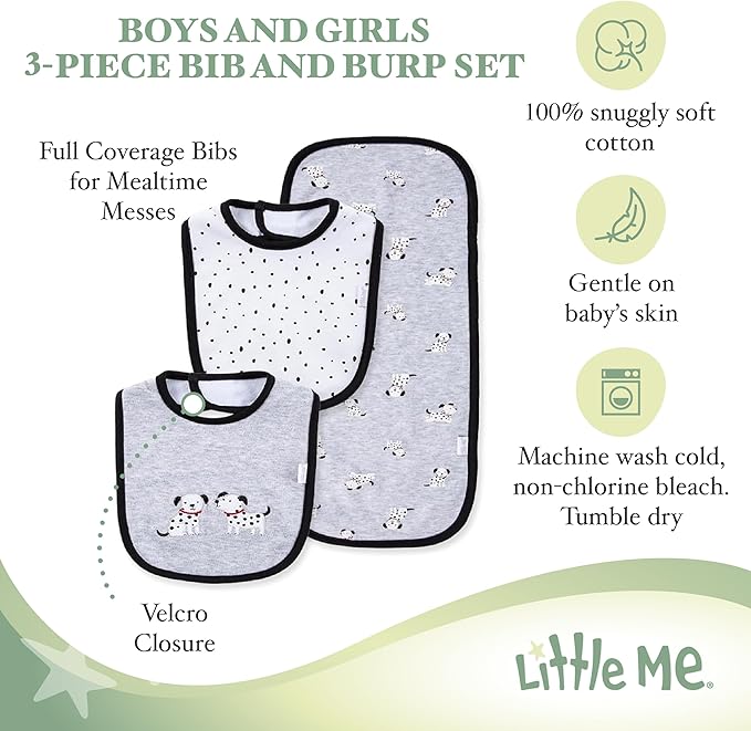 Little Me Clothes for Baby Boys’ and Girls’ 2 Bibs and 1 Burp Cloth Set, Soft Cotton Feeding Essentials with Velcro Closures