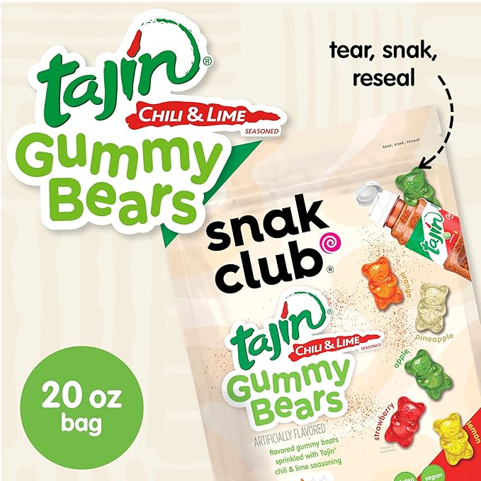 Snak Club Tajin Gummy Bears, Assorted Fruit Candy Gummies with Chili and Lime Seasoning, Mild, Gluten-Free and Vegan Snacks, 20 oz Resealable Bag