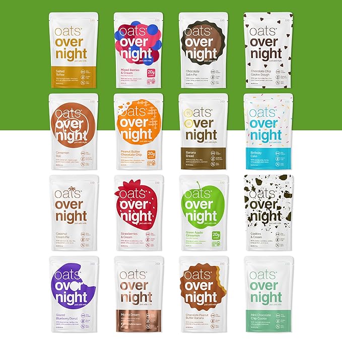 Oats Overnight Ultimate Variety Pack - High Protein, 5g Fiber Breakfast Protein Shake - Gluten Free Oatmeal, Non GMO High Protein Oatmeal - Green Apple Cinnamon, Coconut Cream Pie & More (16 Pack)
