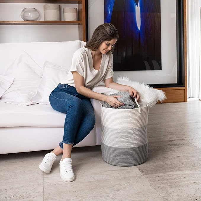 OrganiHaus Gray Nursery Laundry Basket 15x18, Farmhouse Hamper Basket, Extra Large Storage Basket, Blanket Basket for Living Room, Baby Laundry Hamper, Toy Basket for Kids