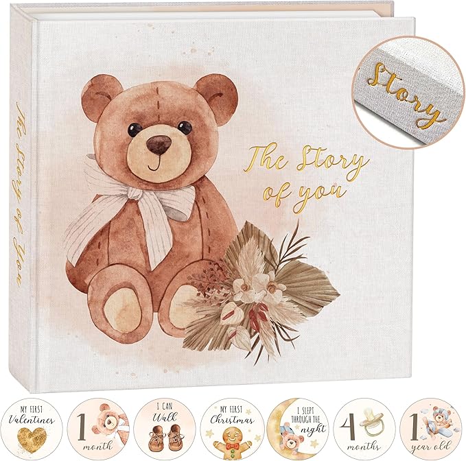 Elegant Design Baby Memory Book for Boy or Girl, Baby 5 Years Journal with Keepsake Sleeve, First Time Mom must have with 24 Baby Milestone Stickers, Scrapbook or Photo Album.