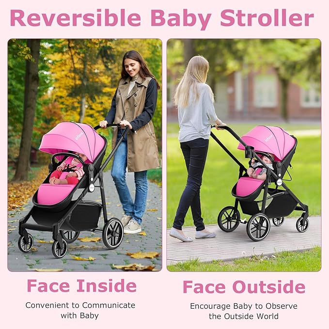 INFANS 2 in 1 Baby Stroller, High Landscape Infant Stroller & Reversible Bassinet Pram, Foldable Pushchair with Adjustable Canopy, Storage Basket, Cup Holder, Suspension Wheels (Pink)