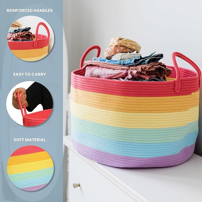 OrganiHaus Large Blanket Basket for Living Room 20x13, Rainbow Rope Basket for Classroom Organization, Toy Storage Basket, Woven Kids Laundry Basket, Baby Toy Box, Cute Storage Basket, Nursery Hamper