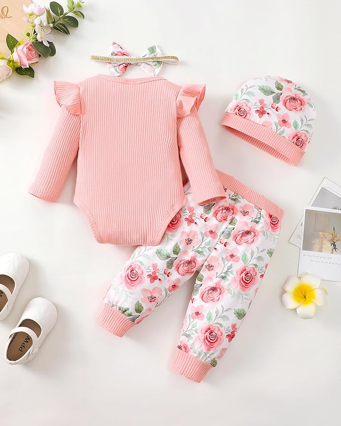 SUNNY PIGGY Baby Girl Clothes Newborn Outfits Infant Ruffle Romper 0-18M Fall Winter Flower Plaid Pants Clothing Set