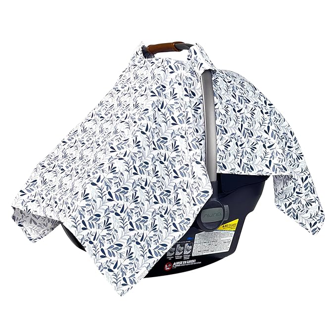 MOZAH Baby Car Seat Cover - Blue Leaves - 100% Organic Muslin - Soft, Breathable and Lightweight, Baby Infant Car Seat Essentials