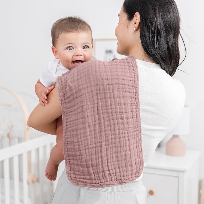 Comfy Cubs Muslin Burp Cloths 20" x 10", Pack of 10 - Large, 6-Layer, Ultra Absorbent 100% Cotton for Baby Drool and Messes - Soft, Safe & Gentle Baby Burp Cloths for Boys & Girls - Mauve