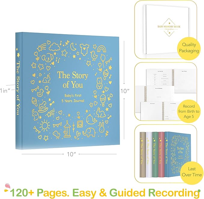 Baby Memory Book First 5 Year Boy or Girl Keepsake Journal Photo Albums Scrapbook, Gifts for Baby Shower First Time Mom New Parents (Toy - Blue)