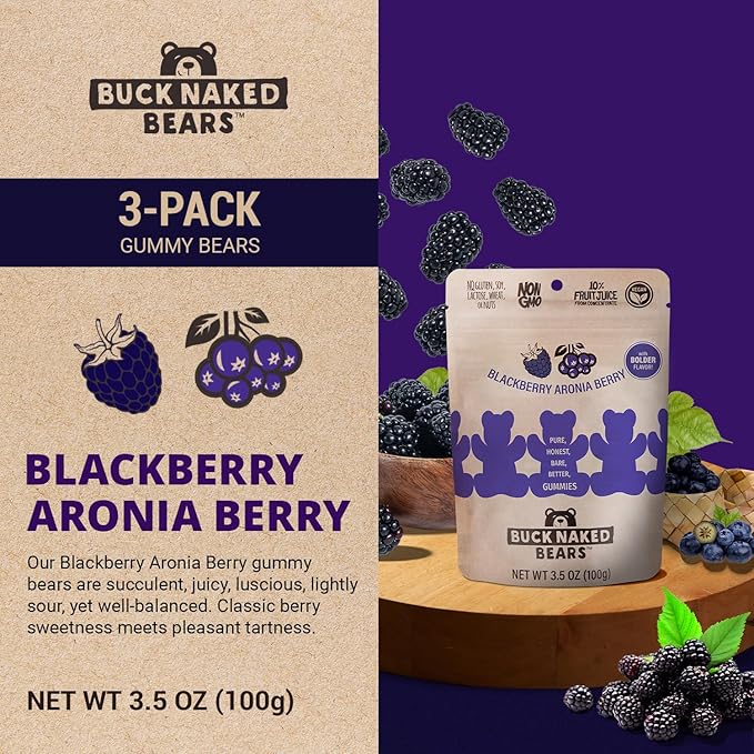 Buck Naked Bears - Blackberry Aronia Gummy Bears - Soft, Smooth & Sweeter Like a Fruit Snack - Plant-Based, Vegan, Non-GMO - Non-GMO - 3.5oz (3-Pack)