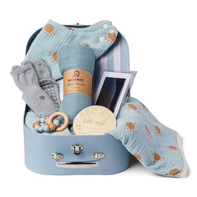Baby Gift Set Boy - Newborn Shower Gift Basket with Large Minky Plush Blanket, Muslin Swaddle, Teether, Wooden Birth Record, Hand & Foot Print Kit, Nemo Socks, for Newborn Essentials Boys, Blue