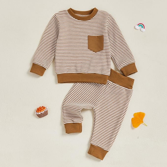 Baby Boy Toddler Fall Outfit Striped Sweatshirt Toddler Boy Winter Waffle Clothes 3 6 12 18 Months 2 3 T Pant Set