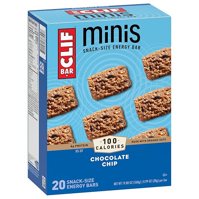CLIF BAR Minis - Chocolate Chip - Made with Organic Oats - 4g Protein - Non-GMO - Plant Based - Snack-Size Energy Bars - 0.99 oz. (20 Pack)