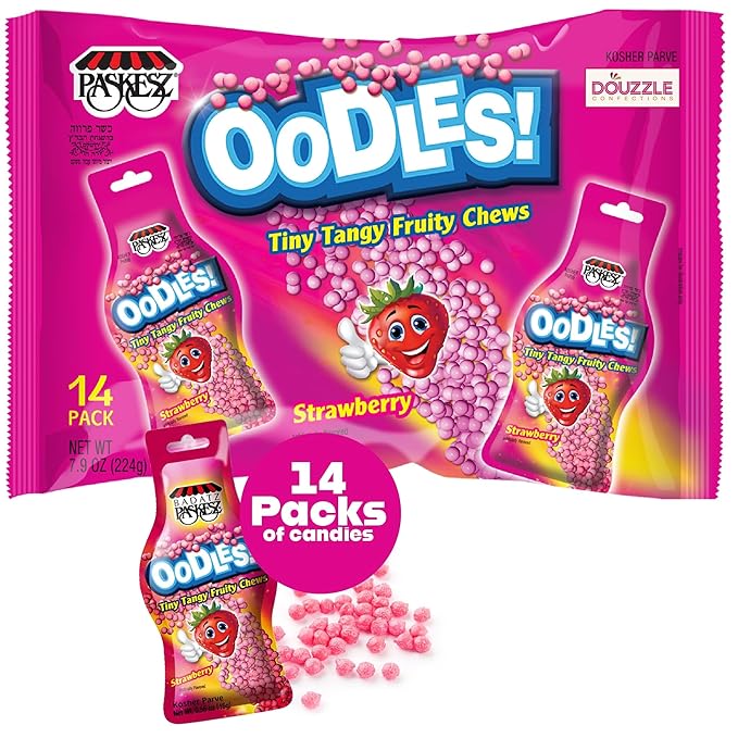 DOUzzle Back To School Oodles Strawberry Tiny Tangy Fruity Chews Mix (12 Count, 1 Pack) Individually Wrapped, Party Favor, Goodie Bag & Pinata Filler - Kosher Parve