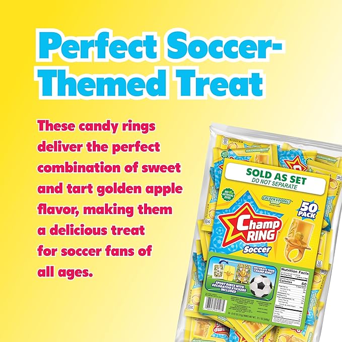 Champ Ring Soccer, Golden Goooal! Apple – Crisp Golden Apple Flavored Candy Rings - Individually Wrapped - No Artificial Colors or Dyes - Perfect for Parties, Events & Snacks - Bulk Pack of 50