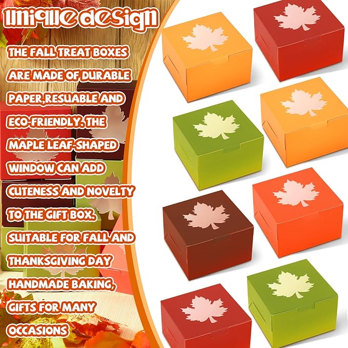 Dispowreath 24 Pcs Fall Treat Boxes Fall Cardboard Box with Maple Leaf Shape Window Autumn Thanksgiving Bakery Box Thanksgiving Paper Gift Container for Cookie Goodie Candy Party Favors