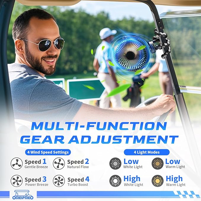 Rechargeable Golf Cart Fan, 12000mAh Stroller Fan, Adjustable 4 Speeds, LED Light, Power Bank, 360° Rotation, Portable Clip on Fans with Flexible Tripod for Club Car EZGO Yamaha