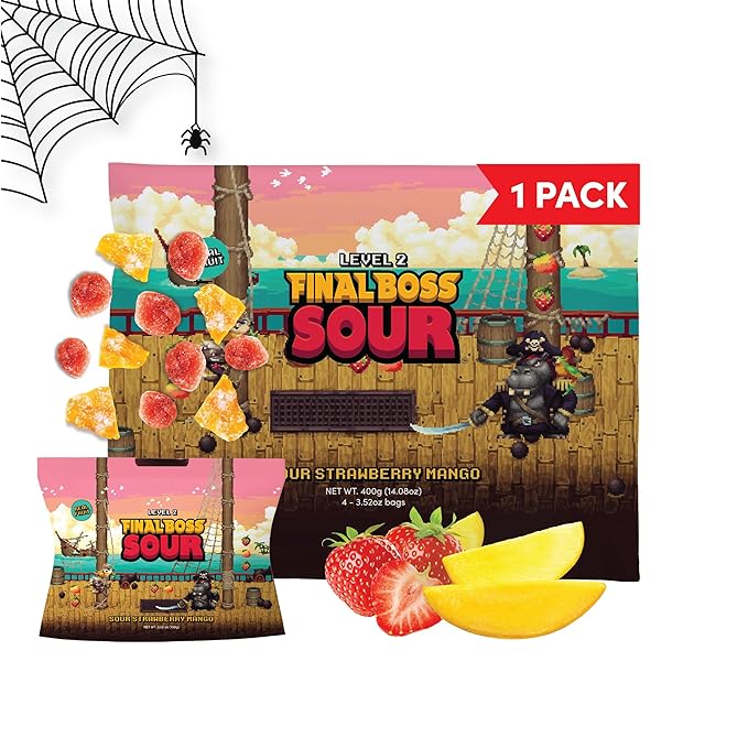 Final Boss Sour Candy Strawberry and Mango, 1 Pack, Level 2, Extreme Sour Fruit Chews with Real Dried Fruit, No Artificial Colors or Flavors, Low Calorie Snack for Kids, Teens, Adults & On The Go