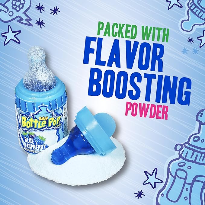 Baby Bottle Pop Candy Blue Lollipops, 10 Ct Bulk Lollipops with Dipping Powder in Blue Raspberry Flavor, Full Size, Individually Wrapped Hard Candy For Gender Reveal, Baby Showers & Goodie Bags