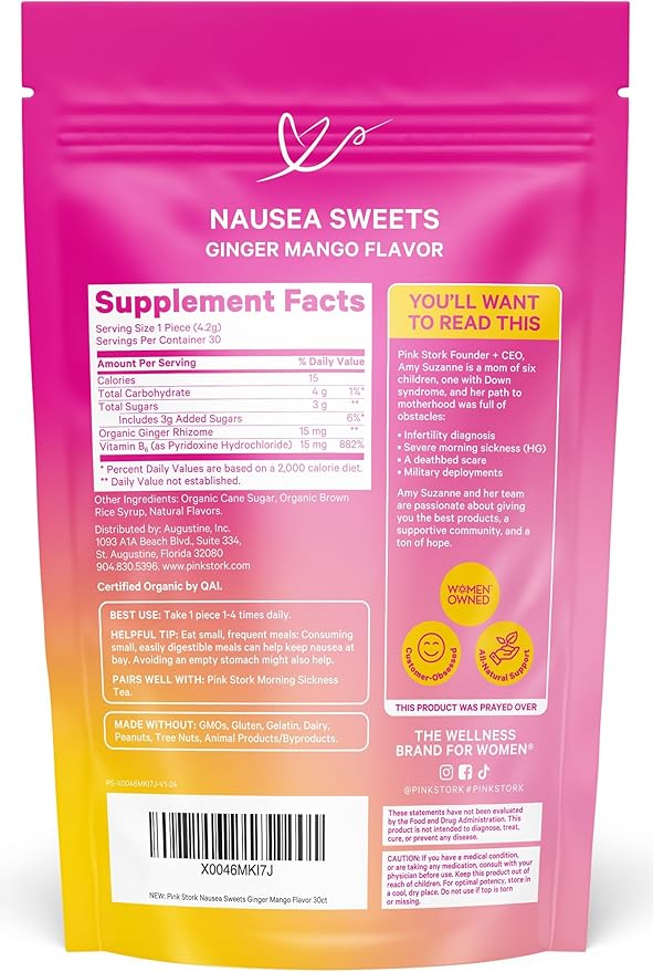 Pink Stork Organic Mango Sweets with Vitamin B6 for Morning Sickness and Motion Sickness, Added Ginger & Vitamin B6, 1st Trimester Pregnancy Must Haves - 30 Wrapped Candies