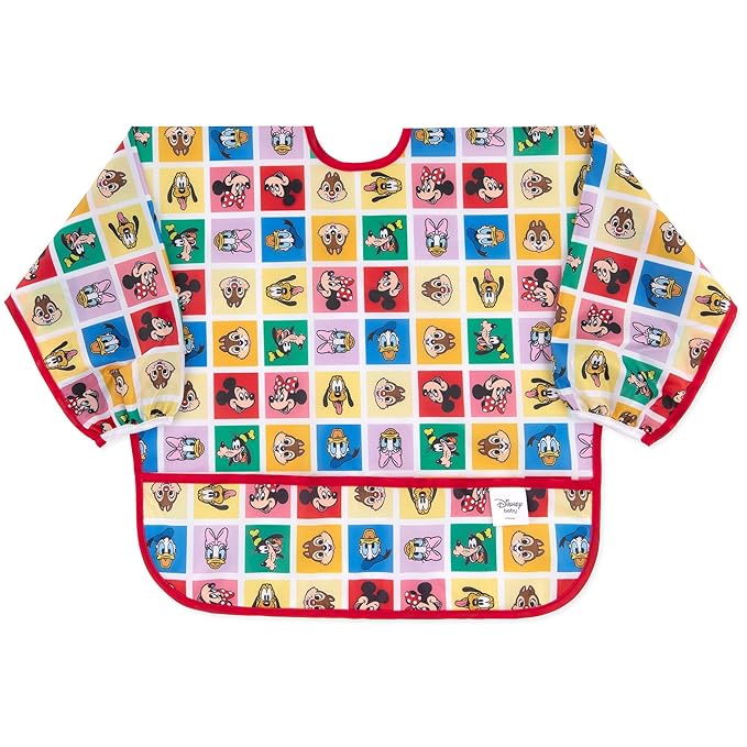 Bumkins Disney Sleeved Bib for Girl or Boy, Baby and Toddler for 6-24 Mos, Essential Must Have for Eating, Feeding, Baby Led Weaning Supplies, Long Sleeve Mess Saving, Mickey and Friends Check Mates