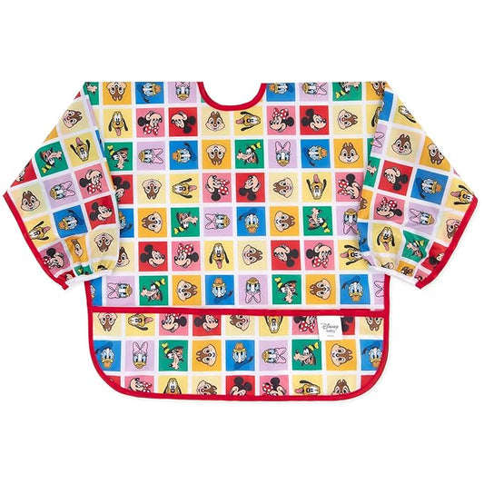 Bumkins Disney Sleeved Bib for Girl or Boy, Baby and Toddler for 6-24 Mos, Essential Must Have for Eating, Feeding, Baby Led Weaning Supplies, Long Sleeve Mess Saving, Mickey and Friends Check Mates