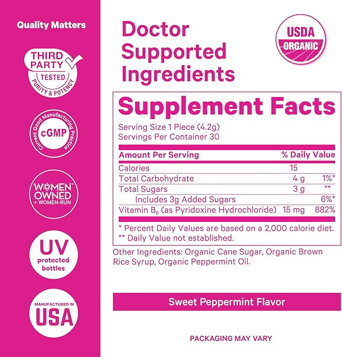 Pink Stork Organic Peppermint Sweets for Morning Sickness and Motion Sickness Support, Added Vitamin B6, 1st Trimester Pregnancy Must Haves - 30 Wrapped Peppermint Candies