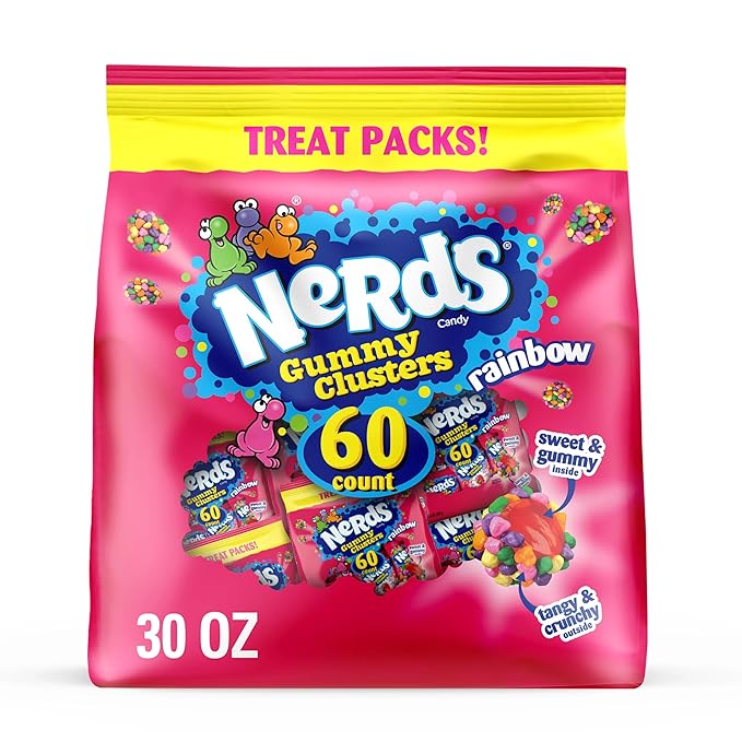 NERDS Gummy Clusters, Candy Treat Packs, Rainbow, Crunchy and Gummy, 30 oz (60 ct)