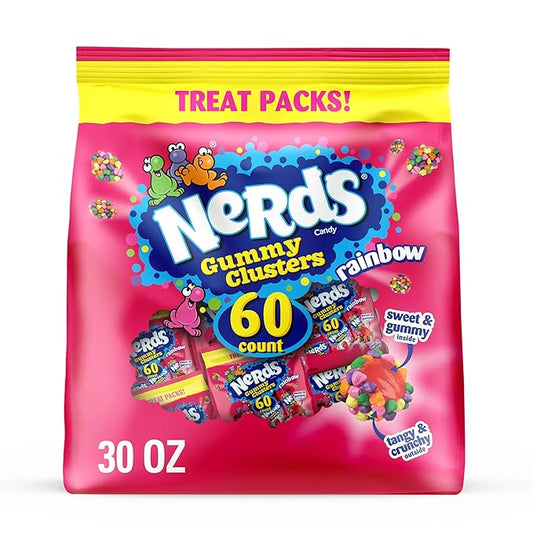 NERDS Gummy Clusters, Candy Treat Packs, Rainbow, Crunchy and Gummy, 30 oz (60 ct)