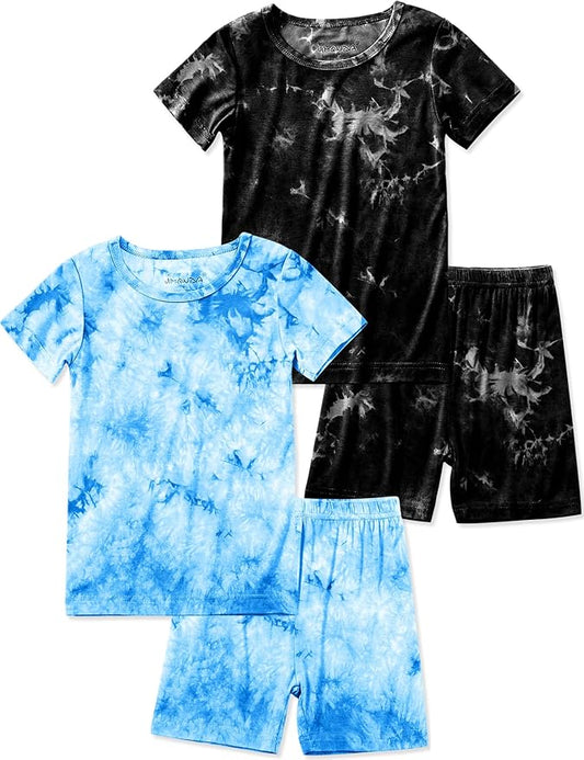 Jimonda Kids Soft Rayon From Bamboo Sleepwear Short Sleeve Boys Girls Pajama Outdoor 4-Piece tops&shorts Casual sets Tie PJ