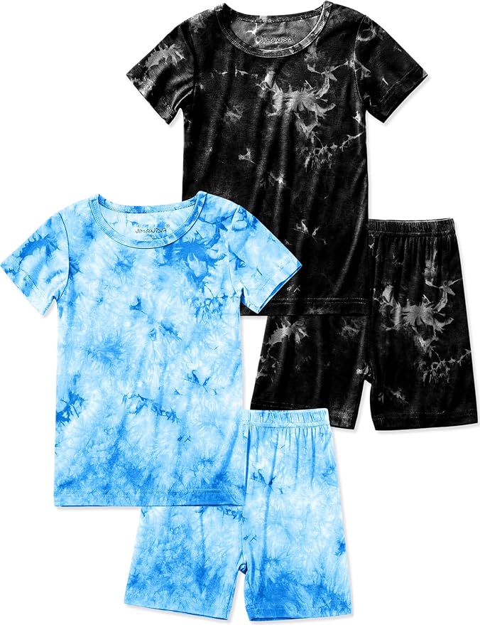 Jimonda Kids Soft Rayon From Bamboo Sleepwear Short Sleeve Boys Girls Pajama Outdoor 4-Piece tops&shorts Casual sets Tie PJ