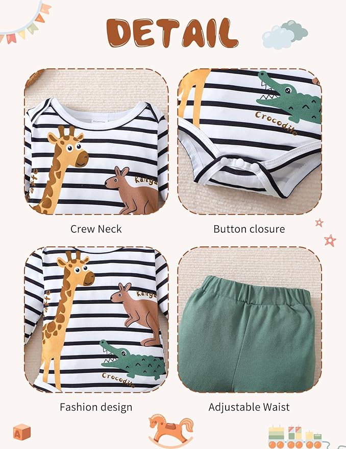SUNNY PIGGY Baby Boy Clothes Newborn Infant Boys Outfits Romper Hat Pants 3PC Set 0-3 3-6 6-12 12-18 Month Clothing Gift