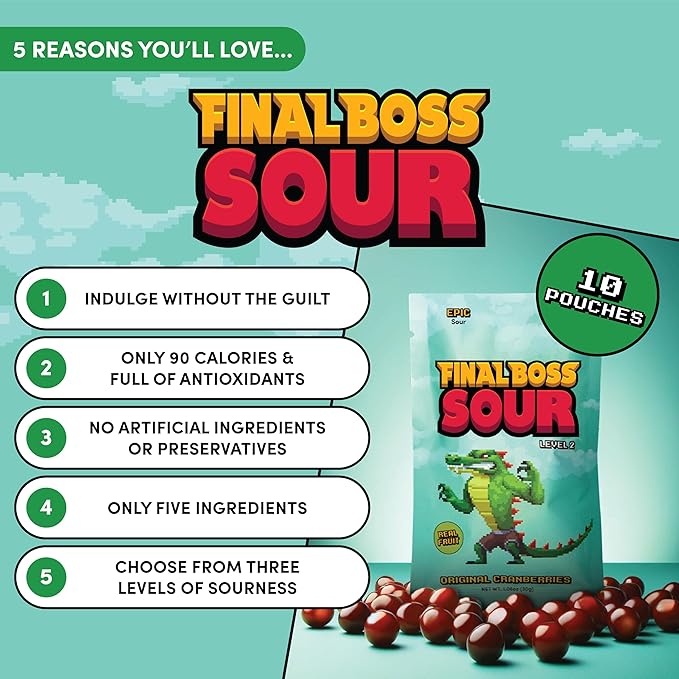 Final Boss Sour Candy, Sour Cranberries, 10 Pack, Level 2, Fruit Chews with Real Dried Fruit, No Artificial Colors or Flavors, Low Calorie Snack for Kids, Teens, Adults, Lunch Boxes & On The Go
