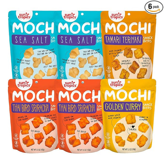 Sun Tropics Mochi Snack Bites, Variety Pack- 3.5 oz (6 Pack) - Crunchy Mochi Snacks - Gluten Free & Dairy Free, No MSG - Asian Rice Snacks
