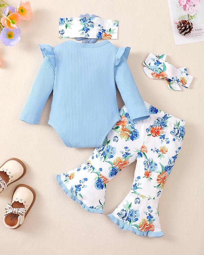 SUNNY PIGGY Newborn Baby Girl Clothes Infant Outfits Romper Floral Fall Outfit Bell Bottoms Pant Sets Hat Headband Flowerpant