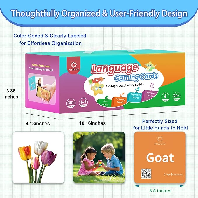 301 Thick Flash Cards for Toddlers, 4-Level Language Builder Real Life Photos Flashcards for Speech Therapy and Preschool Learning Activities, Speech Therapy Materials, ESL Teaching
