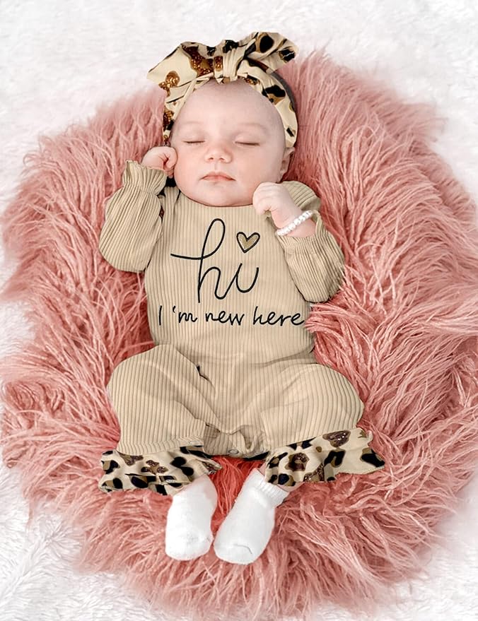 AGAPENG Newborn Girl Clothes Ruffle Letter Print Romper Infant Bell Bottom Jumpsuit Boho Baby Girl Clothes with Headband Hat