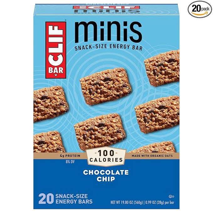 CLIF BAR Minis - Chocolate Chip - Made with Organic Oats - 4g Protein - Non-GMO - Plant Based - Snack-Size Energy Bars - 0.99 oz. (20 Pack)